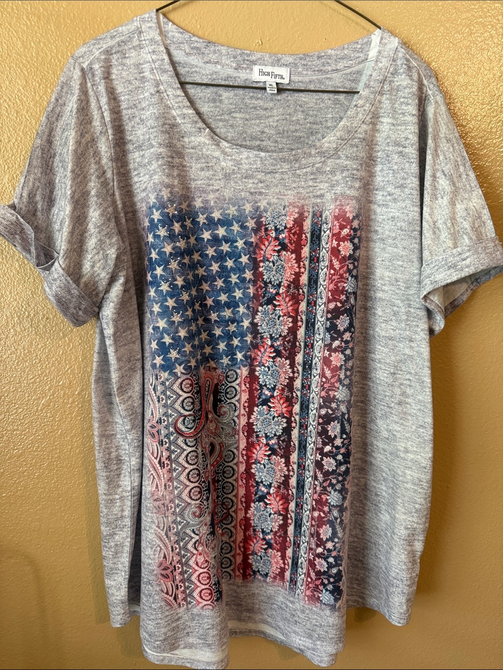 Heather Gray Short Sleeve Tee with Americana Floral Flag